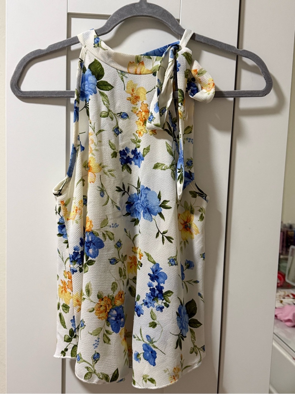 579 Cream Floral Tie-Shoulder Camisole with Blue and Yellow Flowers
